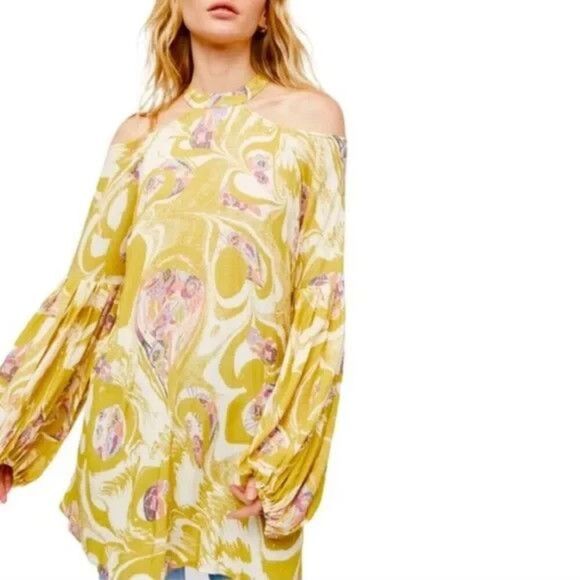 Free People Drift Away Boho Bishop Sleeves Tunic Cold Shoulder Dress Sz S Flowy - Picture 1 of 11